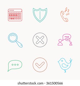 Phone ringtone, chat speech bubble icons. Shield, dialog and magnifier linear signs. Bird, calendar of vacations icons. Linear colored icons.