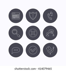 Phone ringtone, chat speech bubble icons. Shield, dialog and magnifier linear signs. Bird, calendar of vacations icons. Flat icons in circle buttons on white background. Vector