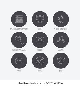 Phone ringtone, chat speech bubble icons. Shield, dialog and magnifier linear signs. Bird, calendar of vacations icons. Linear icons in circle buttons. Flat web symbols. Vector