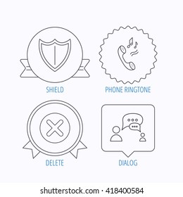 Phone ringtone, delete and chat speech bubble icons. Shield linear sign. Award medal, star label and speech bubble designs. Vector