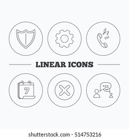 Phone ringtone, delete and chat speech bubble icons. Shield linear sign. Flat cogwheel and calendar symbols. Linear icons in circle buttons. Vector