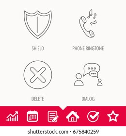 Phone ringtone, delete and chat speech bubble icons. Shield linear sign. Edit document, Calendar and Graph chart signs. Star, Check and House web icons. Vector