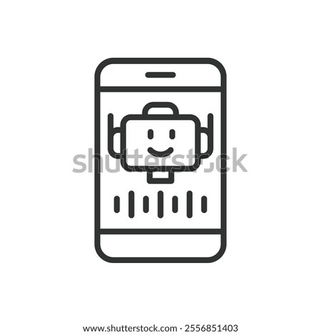 Phone robot voice, icon in line design. Phone, robot, voice, communication, AI, assistant, sound on white background vector. Phone robot voice, editable stroke icon