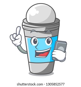 With phone roll on deodorant above the mascot