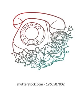 Phone Rose Flower with Vintage Communication Design. Call Floral frame ornament vector style. Decoration Design Wreath illustration.