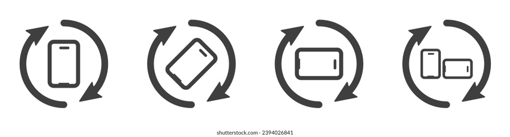 Icono de rotación de teléfono. Conjunto de iconos vectoriales de rotación de pantalla negra. Flechas alrededor del teléfono. Flechas negras y teléfono vetkor. Ilustración vectorial.