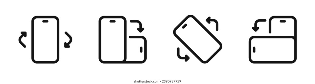 Phone rotation icons. Mobile phone rotation symbols. Device rotation arrows. Smartphone rotation silhouettes.