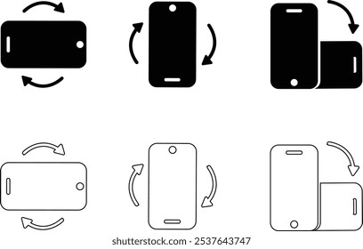 Conjunto de iconos de rotación de teléfono. Flechas de Orientación del dispositivo. Símbolos de movimiento de smartphone. Vector gráfico aislado sobre fondo transparente. Plana y línea de signo de estilo negro para App y Sitio web,