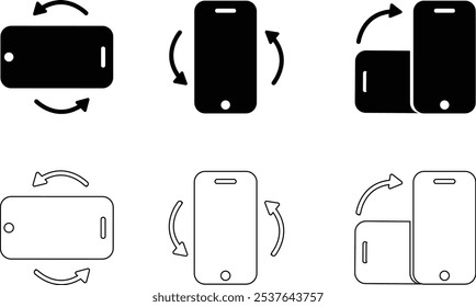 Conjunto de iconos de rotación de teléfono. Flechas de Orientación del dispositivo. Símbolos de movimiento de smartphone. Vector gráfico aislado sobre fondo transparente. Plana y línea de signo de estilo negro para App y Sitio web,