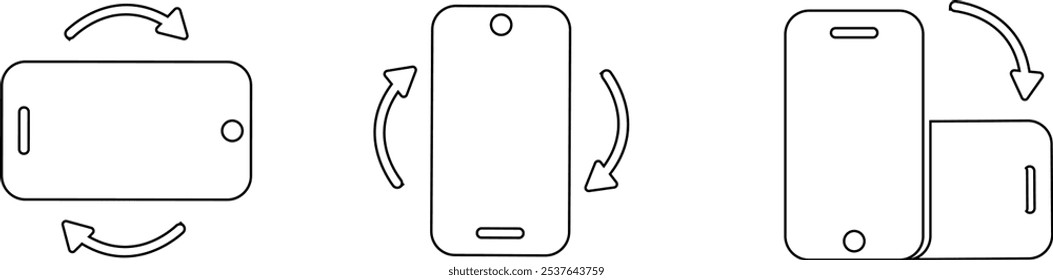 Conjunto de iconos de rotación de teléfono. Flechas de Orientación del dispositivo. Símbolos de movimiento de smartphone. Vector gráfico aislado sobre fondo transparente. línea de signo de símbolo de estilo negro para App y Sitio web,