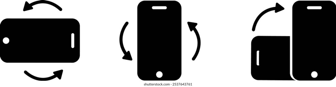 Conjunto de iconos de rotación de teléfono. Flechas de Orientación del dispositivo. Símbolos de movimiento de smartphone. Vector gráfico aislado sobre fondo transparente. signo de símbolo de estilo plano negro para App y Sitio web,