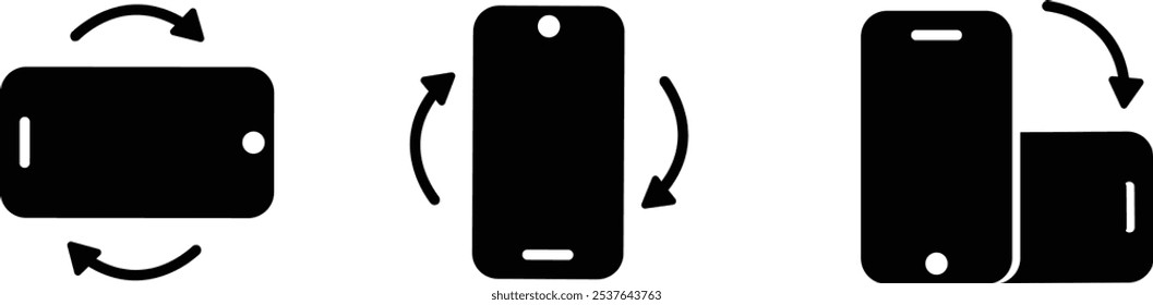 Conjunto de iconos de rotación de teléfono. Flechas de Orientación del dispositivo. Símbolos de movimiento de smartphone. Vector gráfico aislado sobre fondo transparente. signo de símbolo de estilo plano negro para App y Sitio web,