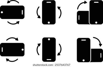 Conjunto de iconos de rotación de teléfono. Flechas de Orientación del dispositivo. Símbolos de movimiento de smartphone. Vector gráfico aislado sobre fondo transparente. signo de símbolo de estilo plano negro para App y Sitio web,