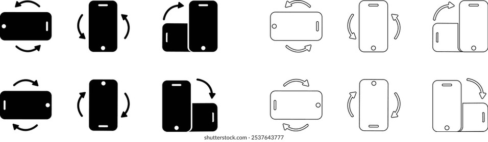 Conjunto de iconos de rotación de teléfono. Flechas de Orientación del dispositivo. Símbolos de movimiento de smartphone. Vector gráfico aislado sobre fondo transparente. Plana y línea de signo de estilo negro para App y Sitio web,