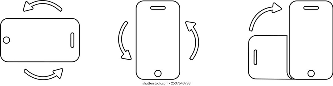 Conjunto de iconos de rotación de teléfono. Flechas de Orientación del dispositivo. Símbolos de movimiento de smartphone. Vector gráfico aislado sobre fondo transparente. línea de signo de símbolo de estilo negro para App y Sitio web,