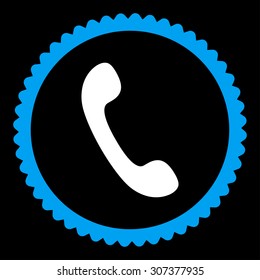 Phone round stamp icon. This flat vector symbol is drawn with blue and white colors on a black background.