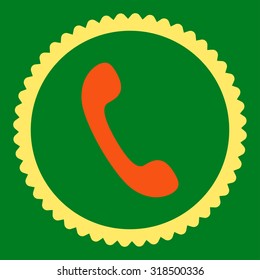 Phone round stamp icon. This flat vector symbol is drawn with orange and yellow colors on a green background.