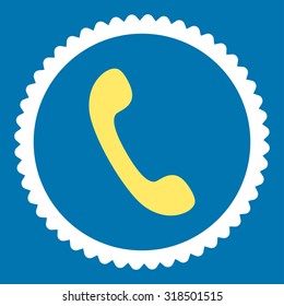 Phone round stamp icon. This flat vector symbol is drawn with yellow and white colors on a blue background.