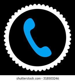 Phone round stamp icon. This flat vector symbol is drawn with blue and white colors on a black background.