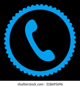 Phone round stamp icon. This flat vector symbol is drawn with blue color on a black background.