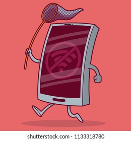 Phone running trying to catch wifi signal vector illustration. Connected, internet, social media, cellphone, smartphone, future design concept