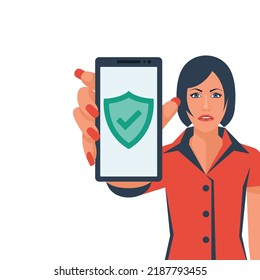 Phone safety. Save personal data. The hand holds a smartphone. Green shield on the smartphone screen. Vector illustration flat design. Isolated on white background.