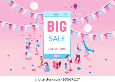 Phone sale offer concept for poster. Big Sale on mobile phone for online marketing with four young joyful people. Vector illustration design for website banner or poster. Phone sale offer concept for poster. Big Sale on mobile phone for online marketing with four young joyful people. Vector illustration design for website banner or poster.