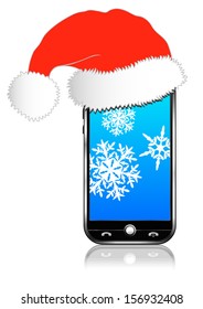 Phone with Santa Hat on with Snow Flakes