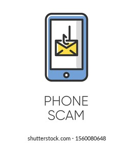 Phone scam color icon. Communications fraud. One-ring trick. Smishing, SMS phishing. Telephone scamming. Illegal money gain. Malicious practice. Fraudulent scheme. Isolated vector illustration