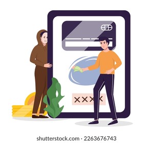 Concepto de estafa telefónica. Estafando a la gente para conseguir su dinero. Aviso de phishing financiero. Señales de fraude y afiche de vector de prevención.