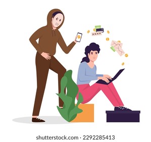 Phone scam concept. Scamming people to get their money. Financial phishing warning. Fraud signs and prevention vector poster.