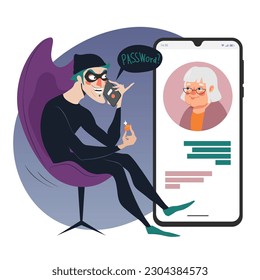 Phone scam crime concept illustration, online social media fraud. A scammer calls an eldery woman to steal personal data and passwords. Vector flat illustration isolated on white background