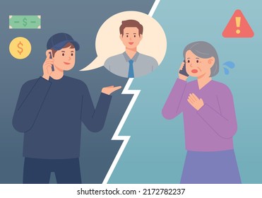 Phone Scam Crime. A Phone Scammer Is Scamming An Old Woman. Her Grandmother Is Surprised. Flat Design Style Vector Illustration.