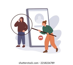 Phone Scam, Fraud Concept. Catching Scammer, Swindler During Fraudulent Call. Revealing Deception, Fake, Dishonesty, Cheating, Theft And Trick. Flat Vector Illustration Isolated On White Background