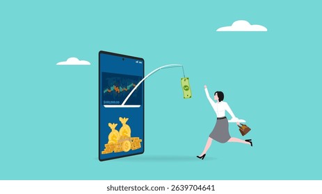phone scam with fraud investment offers, social media crime with theft of personal data, happy woman who is tempted by fake investment offers that are detrimental and threaten personal data