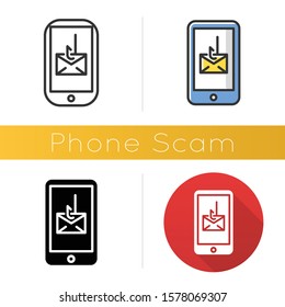 Phone Scam Icon. Communications Fraud. One-ring Trick. Smishing, SMS Phishing. Telephone Scamming. Illegal Money Gain. Flat Design, Linear And Color Styles. Isolated Vector Illustrations