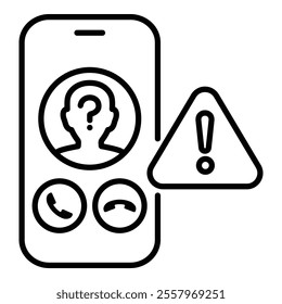 Phone scam round line vector icon with editable stroke, representing fraudulent phone calls and telemarketing scams. Ideal for icons related to security, fraud protection, and scam prevention