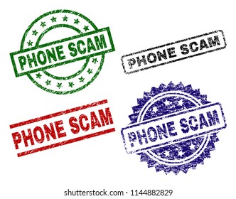 PHONE SCAM seal prints with corroded surface. Black, green,red,blue vector rubber prints of PHONE SCAM title with unclean surface. Rubber seals with round, rectangle, medal shapes.