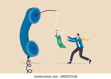 Phone Scam, Telephone Call Lying About Fake Investment, Fraud To Steal Money From Victim, Financial Crime Concept, Greedy Man Chasing Easy Money Bait From Thief Phone Call Lying For Paying Scams.