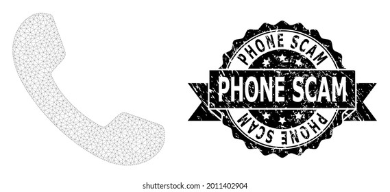 Phone Scam textured stamp and vector phone mesh structure. Black stamp seal has Phone Scam caption inside ribbon and rosette. Abstract flat mesh phone, designed with flat mesh.