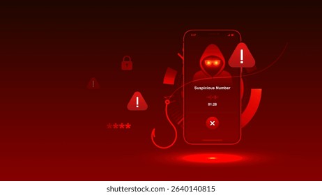 Phone scam vector with alert call fraud phishing cyber crime smartphone mobile scammer warning.