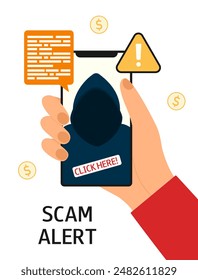 Phone scammer alert. Hand with a smartphone and unknown person on screen. Concept of financial fraudster, phishing, cybercrime, data hacking. Vector banner.