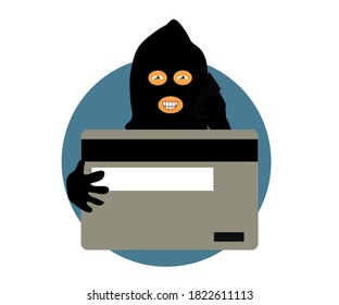 Phone scammer and bank card. Cartoon. Vector illustration.