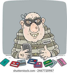 Estafador telefónico tras las rejas en la cárcel extorsionando a su víctima a través de una solicitud bancaria en línea y números de tarjetas de crédito y débito, ilustración de dibujos animados de Vector en blanco