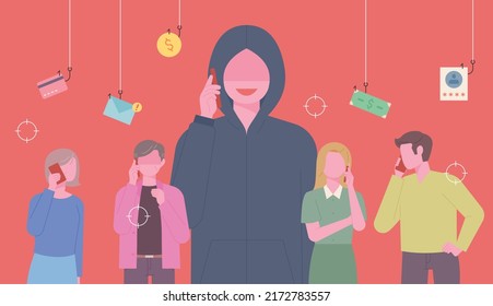 Phone scammer. Huge criminal character. He is scamming people to get their money. flat design style vector illustration.