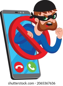A phone scammer in a mask climbs out of the phone. Prohibition of telephone fraud. svg