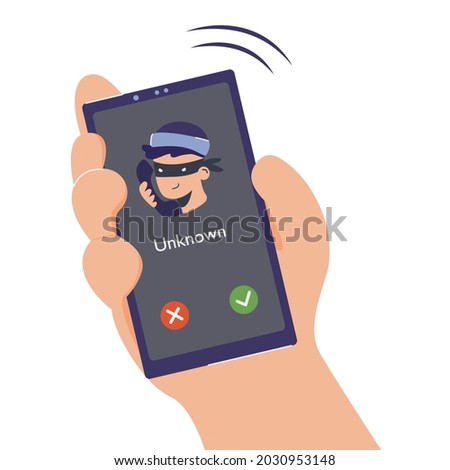 Phone scamming and cheating, phishing. Illustration of call  to personal smartphone from thief or scammer to get information from a person and steal money. Dangerous of unknown incoming calling.
