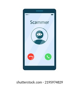 Phone Scamming And Cheating, Phishing. Incoming Call From Fraud Caller On Mobile Phone Screen. Vector Illustration In Flat Cartoon Style.