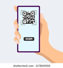 Phone scan icon. Phone in hand.Reading with validation of a QR code label with a smartphone (flat design)