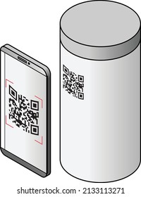 A phone with a scanner app scanning a QR code on a cylindrical packaging canister.